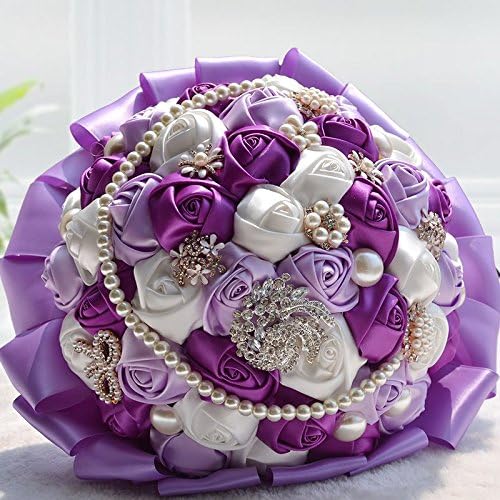 Rose Flower Wedding Bouquet Brooch Crystal Pearls Silk Bridal Flowers (Purple)