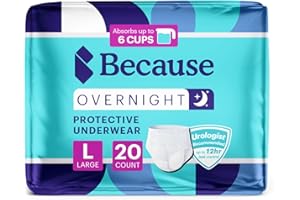 Because Overnight Absorbency Pull Ups - Adult Disposable Incontinence Underwear, Extra Absorbent Nighttime Briefs for Men and Women, White, Large, 20 Count