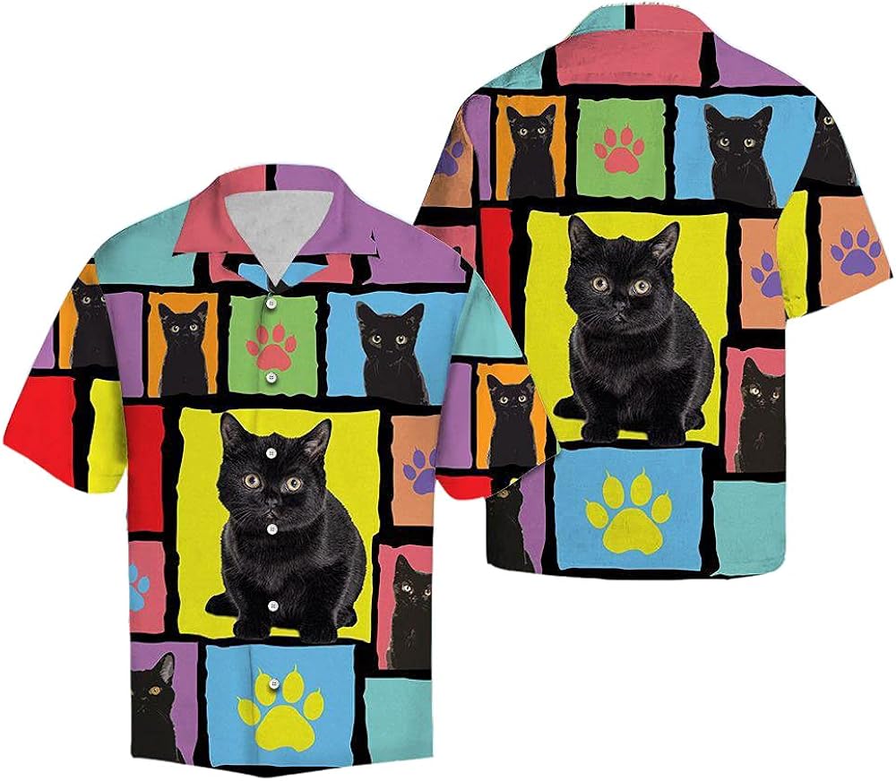 Black Cat Colorful Pieces Hawaiin Shirt Cotton Casual