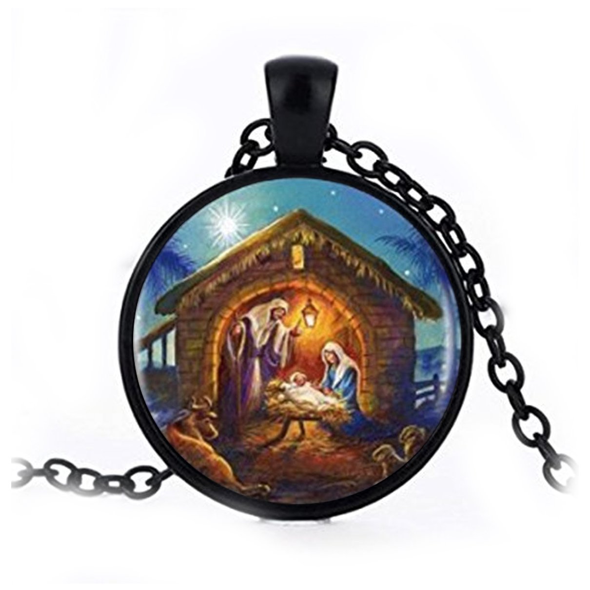Nativity Pendant Virgin Mary Jesus And Lamb Necklace Black Chain