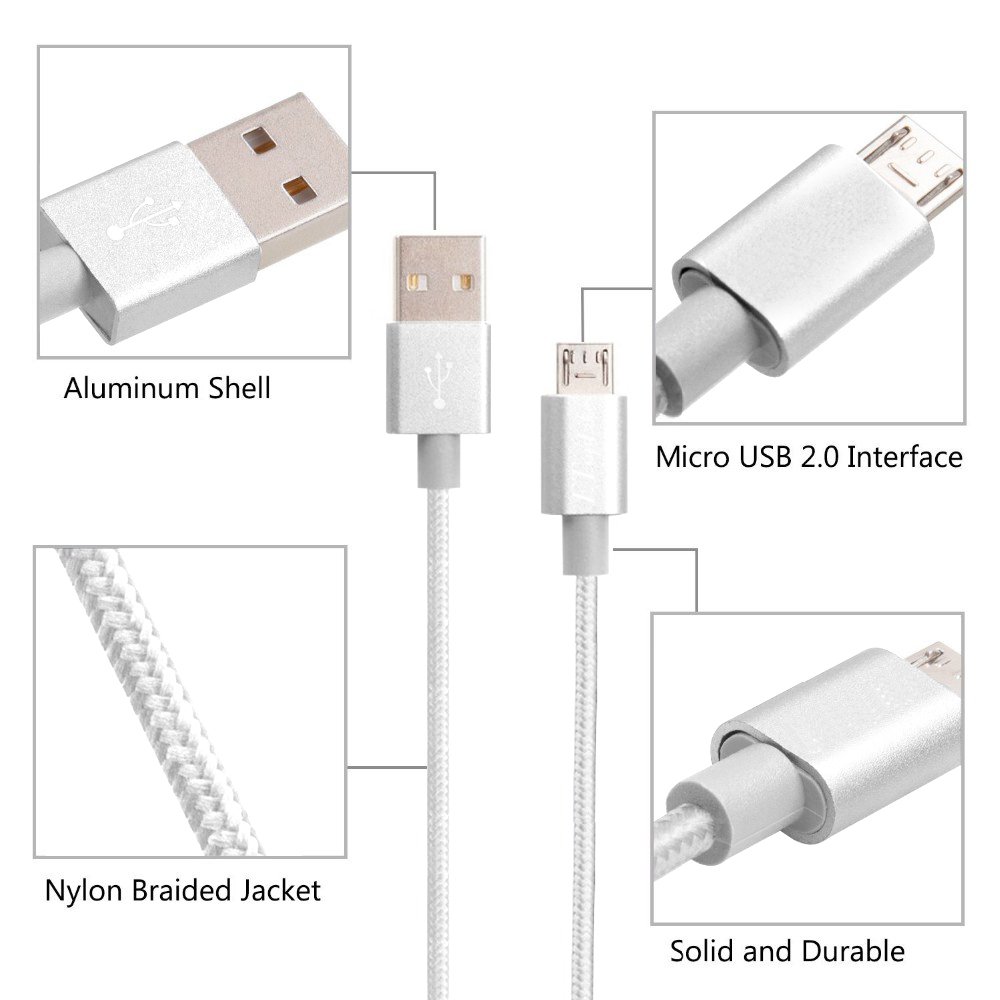 Pasway 3Pack (3ft/1m 6ft/2m 10ft/3m) Micro USB Cable Nylon Braided Sync Charging Cord Wire Universal for Android Smartphone & Tablets (Silver)