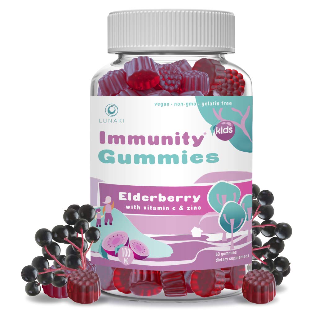Elderberry Gummies Immune Support with Zinc and Vitamin C for Kids - Vegan, Non-GMO, No Corn Syrup, Gelatin Free, All Natural Black Sambucus - 30 Day Supply