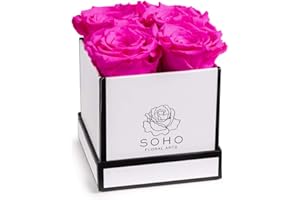 Soho Floral Arts | Roses in A Box | Genuine Roses that Last for Years (White Square 4ct, Radiant Pink) | Mothers Day Gifts