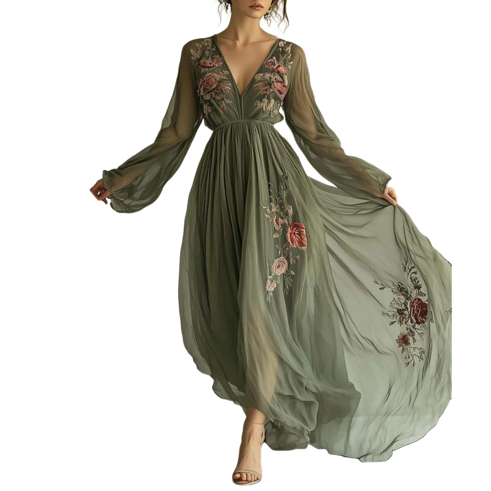 Photo 1 of (MEDIUM) BEYINCUTE Womens Green Tulle Floral Beach Cover Up Sundresses with Belt Long Sleeves V Neck Summer Ruffle Tiered Dresses