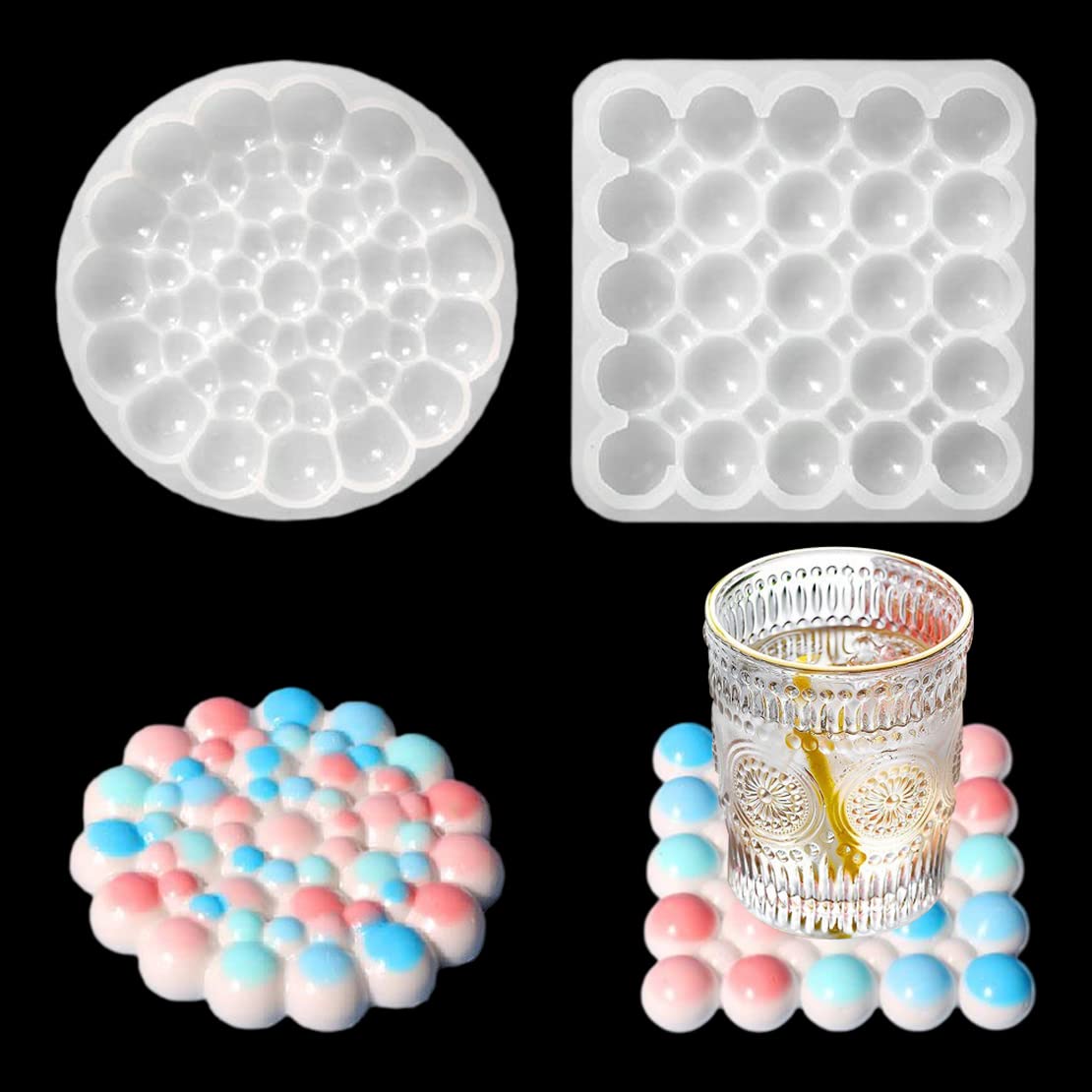 DeryArcle 2Pcs Bubble Coaster Resin Mould Cup Mat Epoxy Resin Moulds Round Jewelry Tray Silicone Mold Square Trinket Dish Casting Molds for Bowl Mats Home Decorations