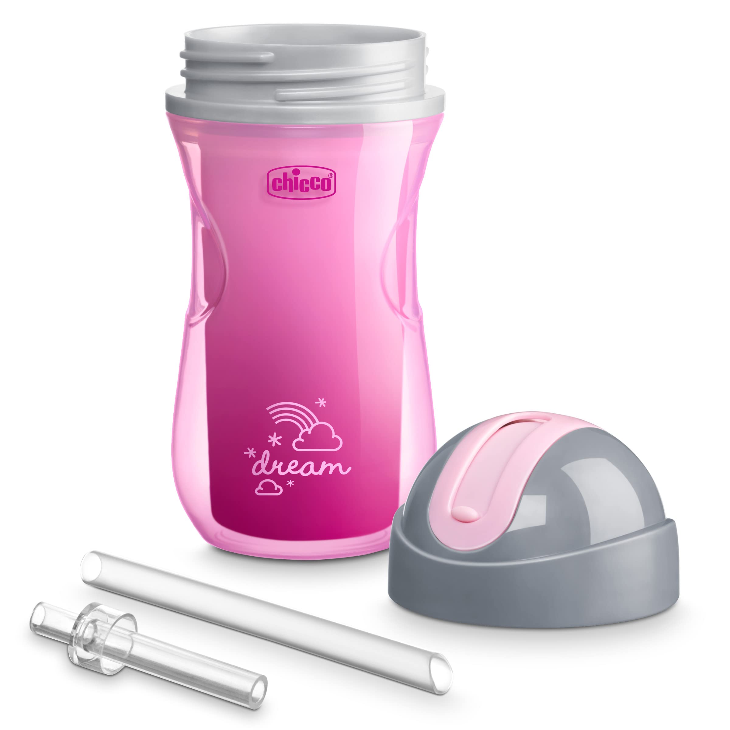 Chicco Double Wall Insulated Flip-Top Sippy Cup with Silicone Straw and Spill-Free Lid 9oz.| Top-Rack Dishwasher Safe | Easy to Hold with Ergonomic Indents | Dream Pink/Purple, 2pk | 12+ months
