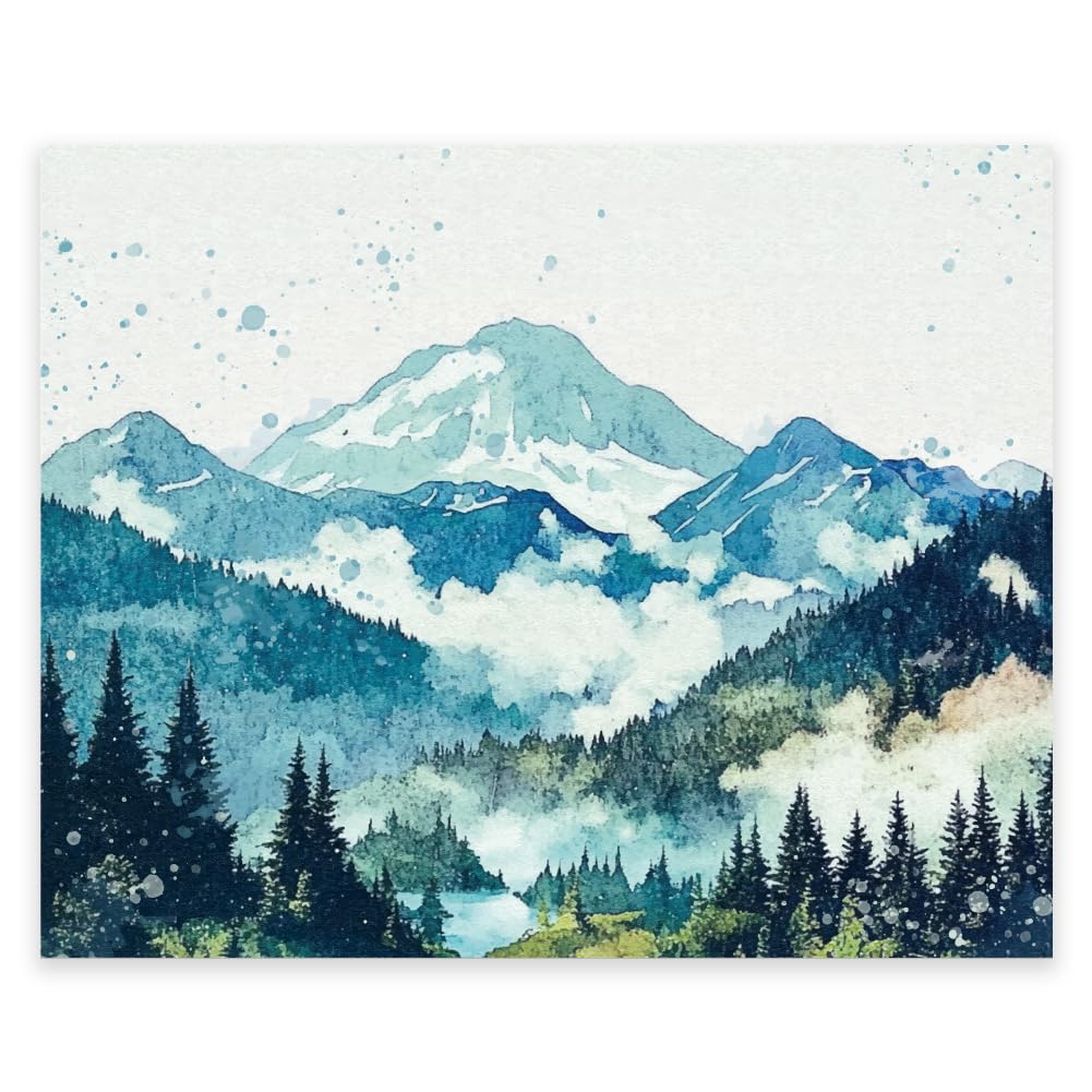 GOMAKERER 1Pc Watercolor Mountains Wall Art Print, Abstract Oriental Nature Landscape Poster Nature Foggy Forest Poster Unframed Modern Art Decorative for Kitchen Bedroom Home Office, 35x28cm