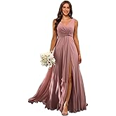 RSOETOO Chiffon Bridesmaid Dresses with Pockets A-line Ruffles Long Chiffon Formal Party Dress with Slit RON018