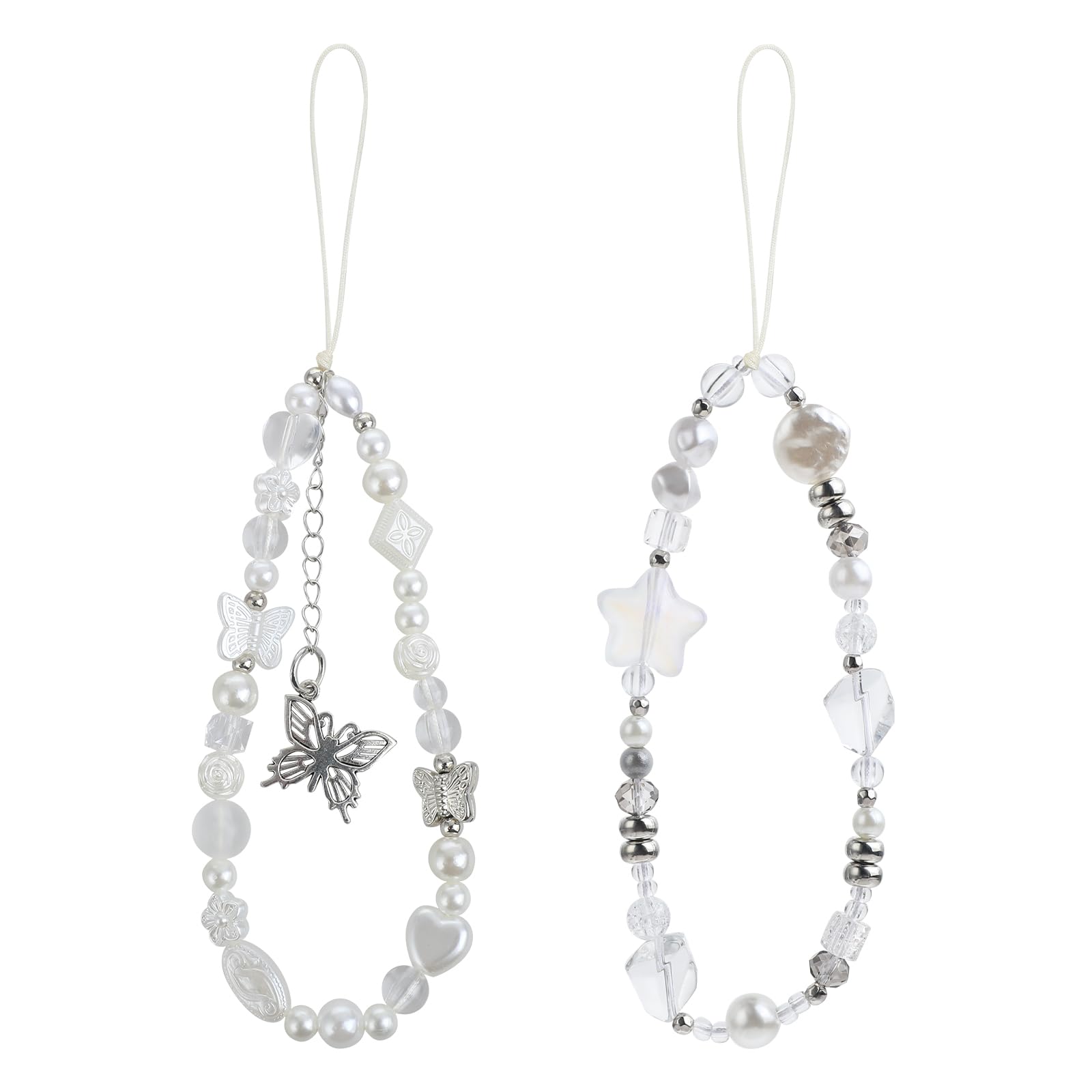 2pcs Beaded Camera Wrist Strap, Cute Phone Charms Strap, Pearl Butterfly Flower Bracelet, Lanyard Handmade Beads Anti-Lost Chain Keychain Decoration for Wallet and Most Phones