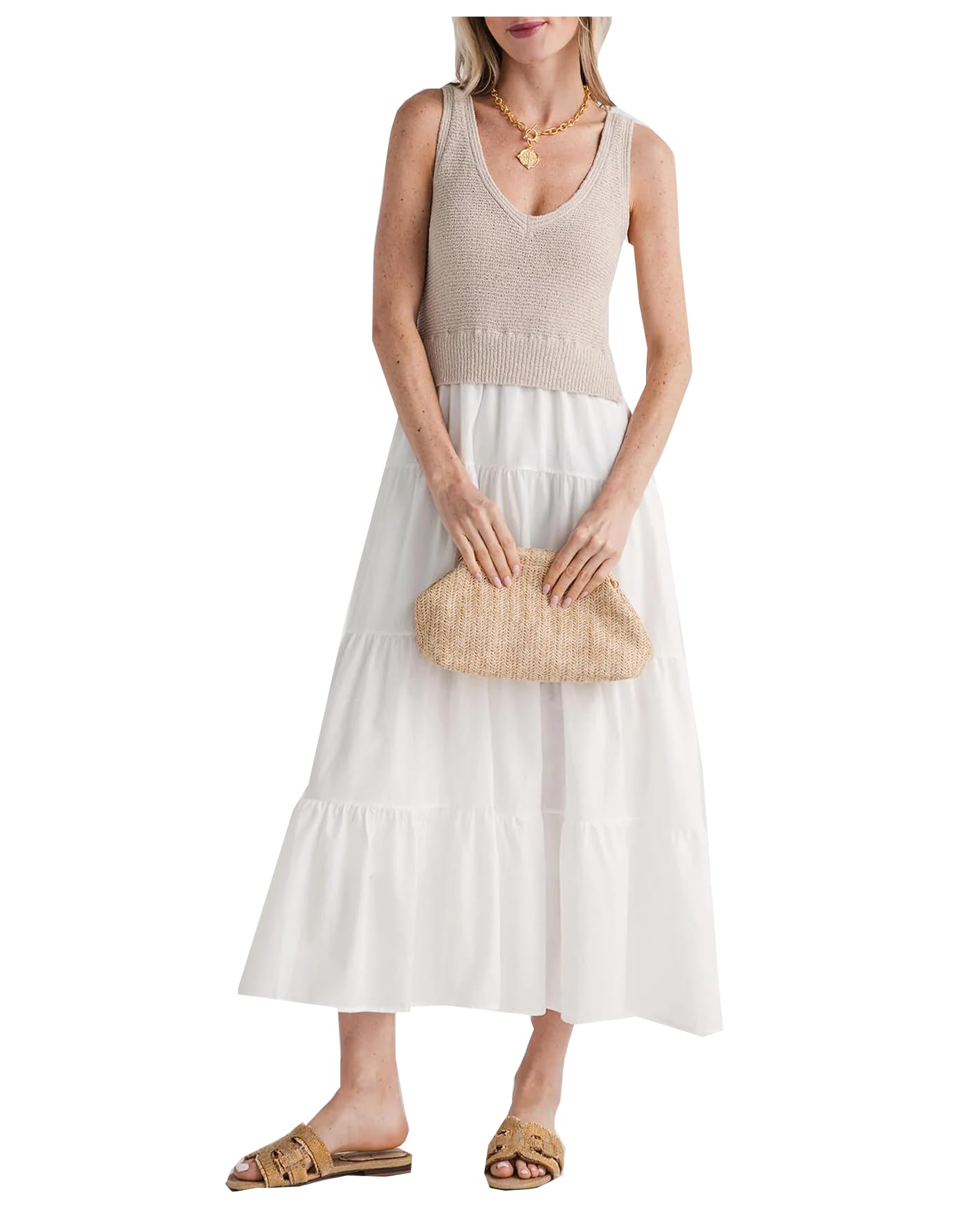 Photo 1 of YEXPINE Women's V Neck Sleeveless Dress Patchwork Knit Casual Long Flowy Summer Tank Midi Dress Apricot