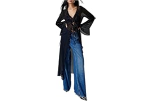 Verdusa Women's Goth Tops Y2K Mesh Tie Front Tops Bell Sleeve Tops Long Shirt 2000s Clothing