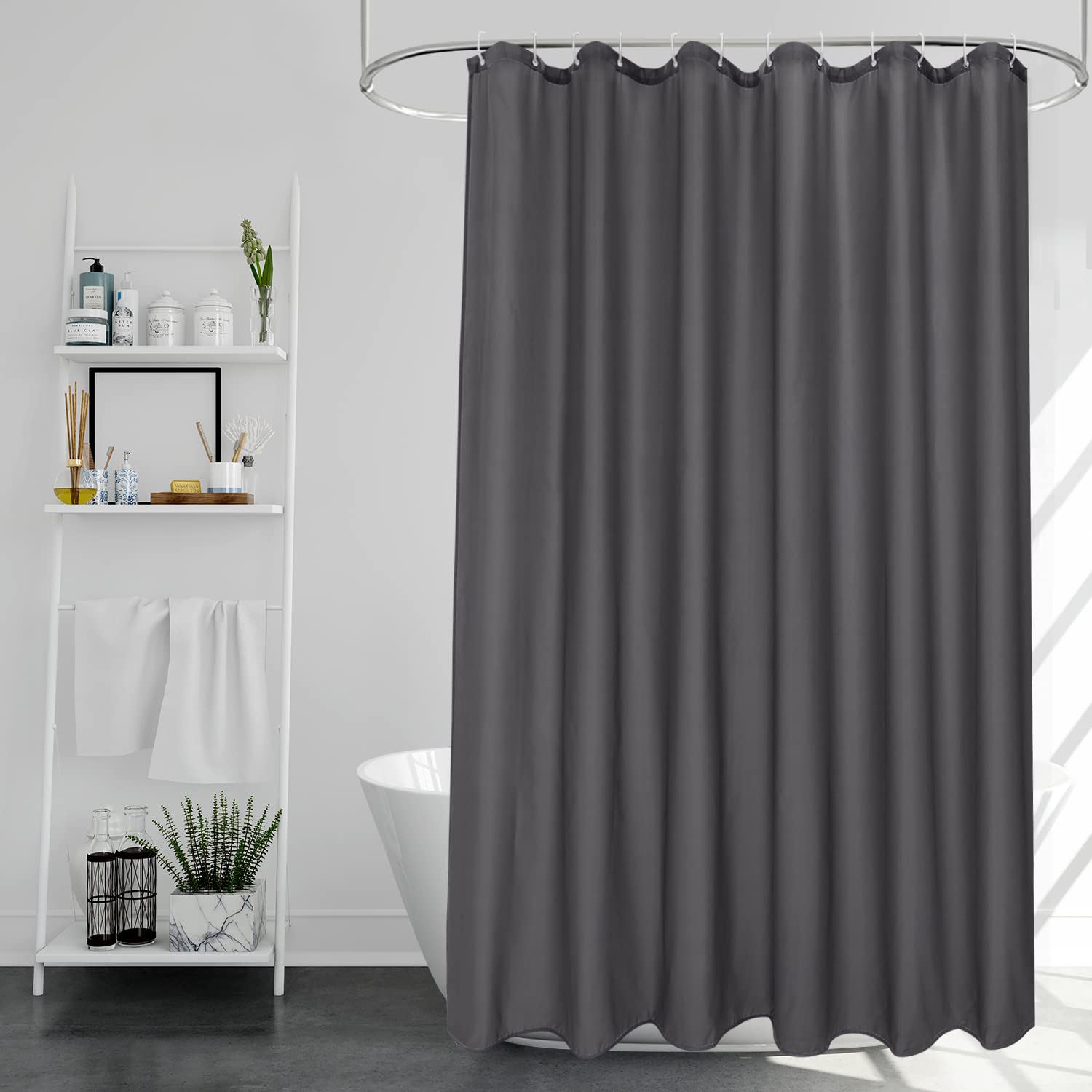 EurCross Charcoal Shower Curtains Mould Proof Resistant Washable, Quick Dry Water-resistant Fabric Bathroom Shower Curtain 180 x 180cm Drop with 12 Plastic Hooks