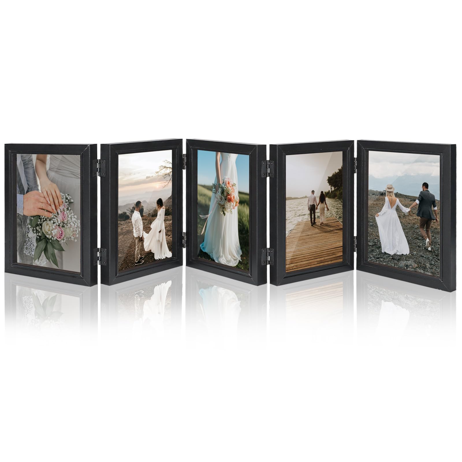 5 Hinged Picture Frame, 5'' x 7''Folding Photo Frame with High Definition Acrylic, Wood Made Family Picture Collage Desk Decor, Foldable Vertical Picture Frame, Black