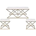 unipaws Modern Nesting Coffee Table Set of 3, Faux Marble Top with Golden Frame, Coffee Table with 2 Square End Side Tables, Perfect for Living Room, Apartment, Office