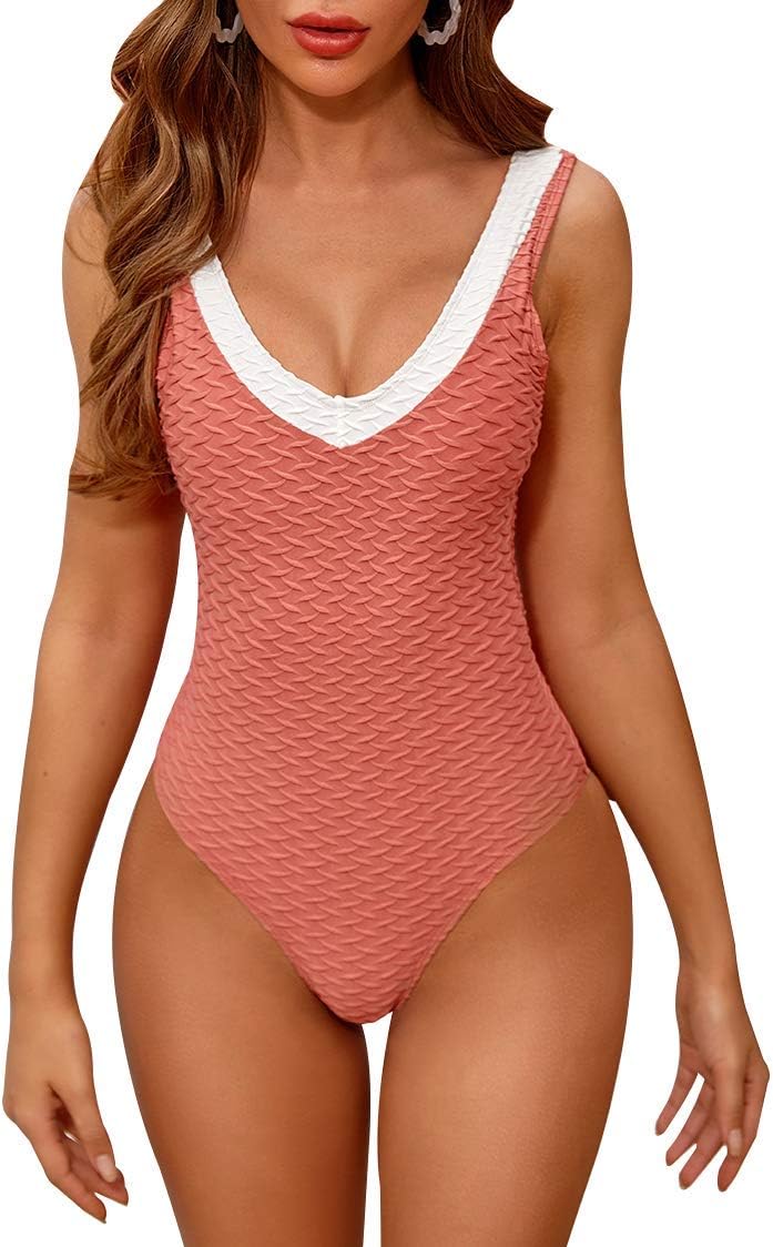 MOLYBELL Women's One Piece Color Block Swimsuit with Textured Contrast V Neck Bathing Suit for Tummy Control Swimwear