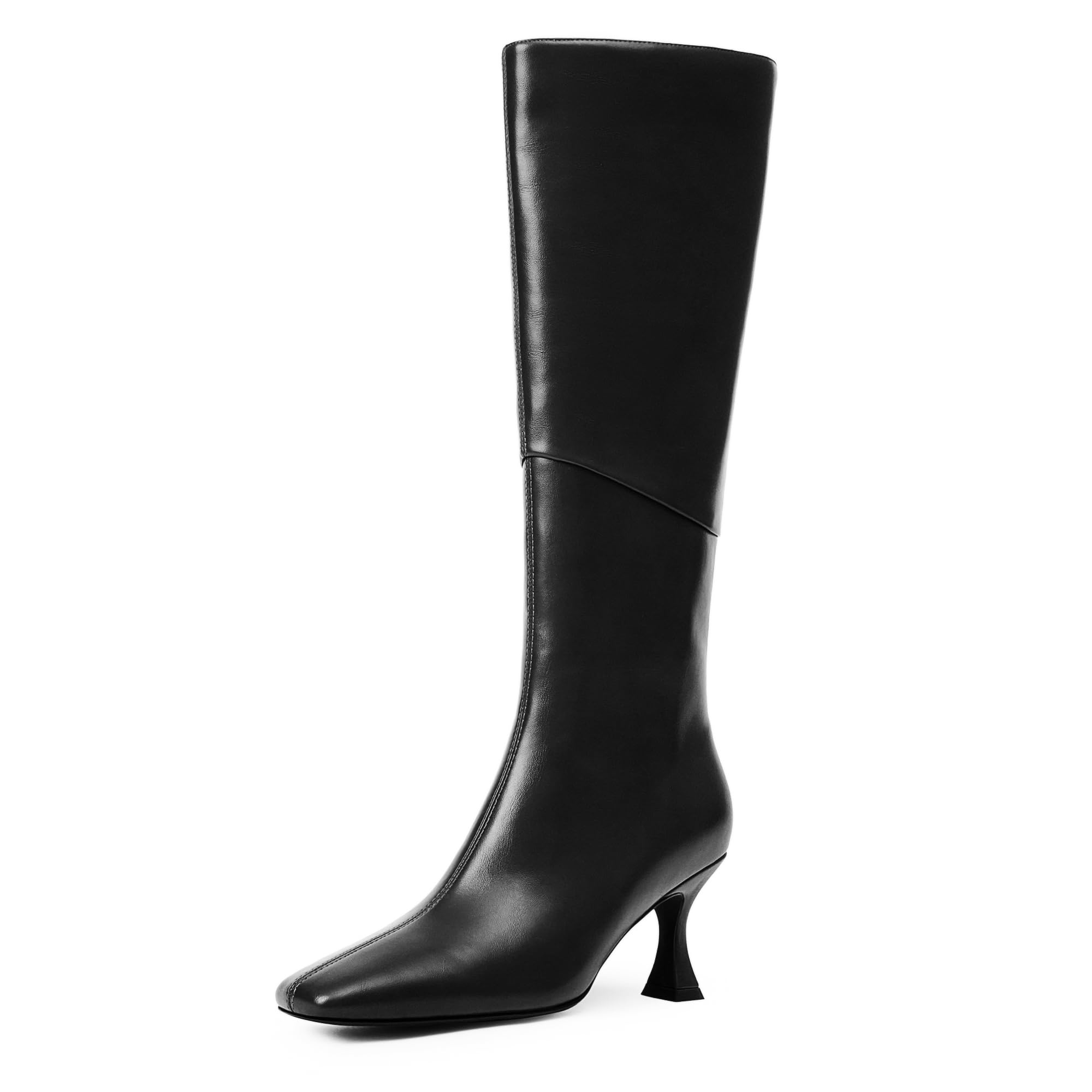Modatope Black Knee High Boots - Women's Square Toe Tall Boots with Stiletto & Kitten Heels, Side Zipper, Size 6