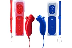 JTao-tec Wii Remote Controller 2 Pack Remote and Nunchuck Joystick Sound Function with Silicon Case for Wii and Wii U Red and Blue (Red+Blue)