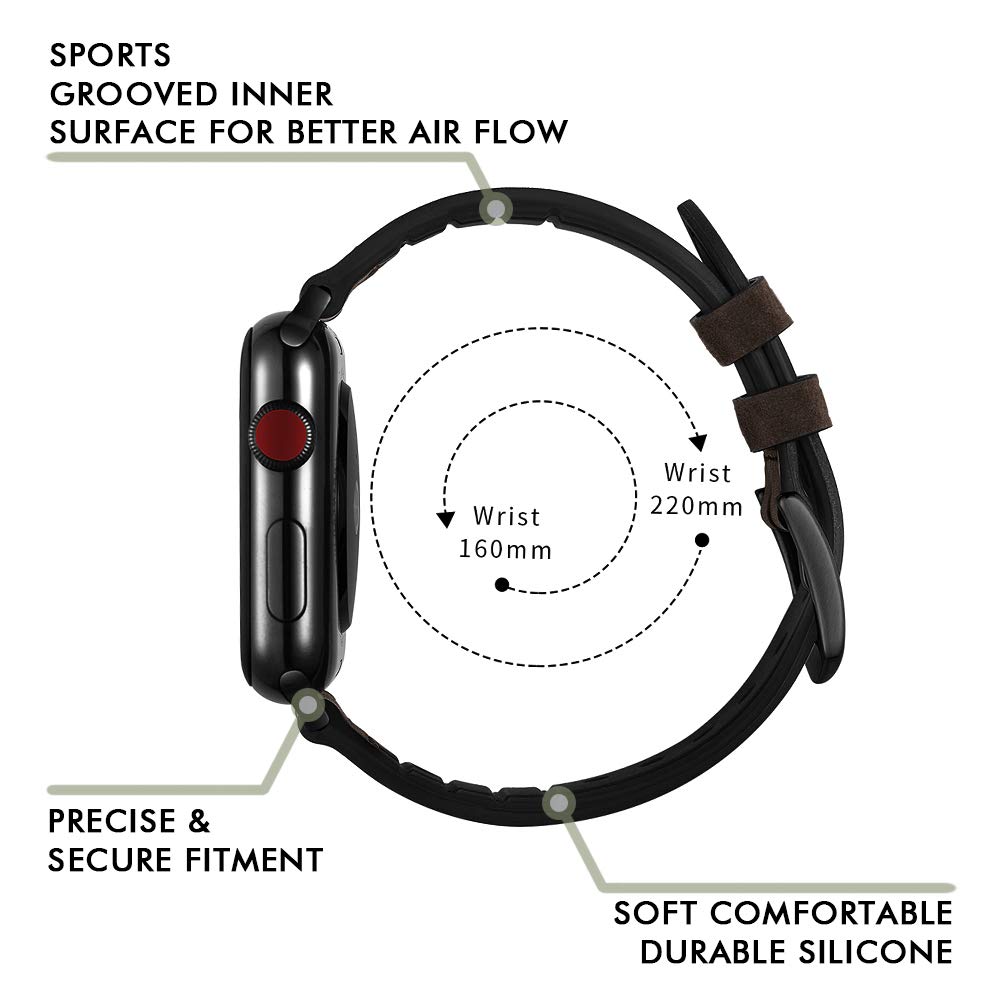 Hybrid Leather Sports Band Compatible with Apple Watch 42mm 44mm Luxury RUCHBA Comfort Practicality Sweatproof Silicone+Leather Replacement Straps Compatible with iwatch Space Black 4 1 2 3 Dark Brown