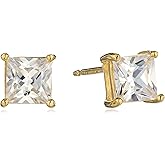 Amazon Essentials Plated Sterling Silver Cubic Zirconia Stud Earrings (Round & Princess)
