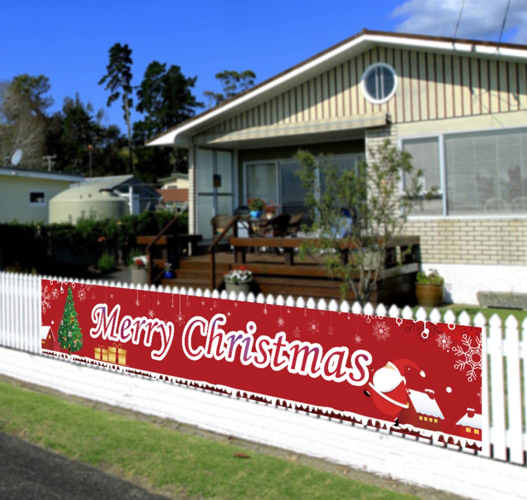 Large Christmas Banner Merry Christmas Poster Banner Garden Yard Porch Sign Xmas Party Banner Decor Hanging Backdrop Scene Setter Decorations Christmas Holiday Party Supplies 9.5x1.6 feet