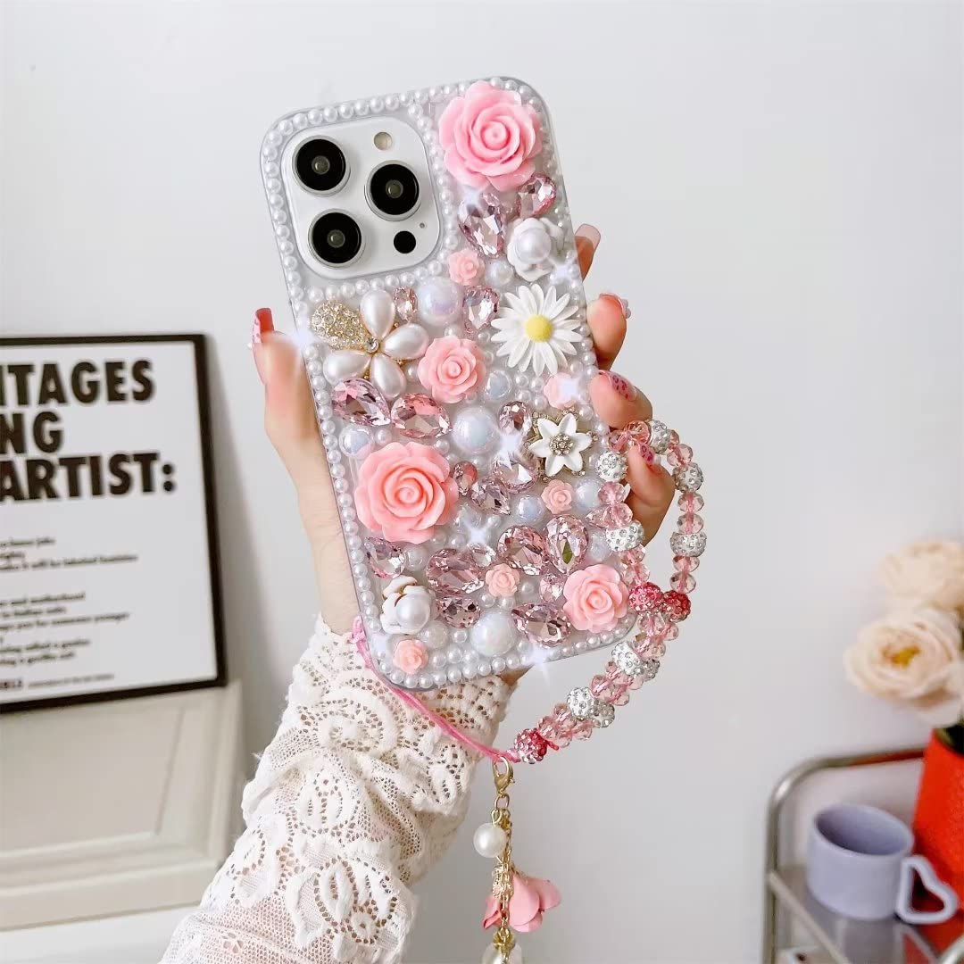 Threesee for iPhone 14 Pro Bling Case,Luxury Crystal Rhinestone Flowers Glitter Diamond Pearl Women Girls Kids Case Cover with Lanyard for iPhone 14 Pro 6.1 inch