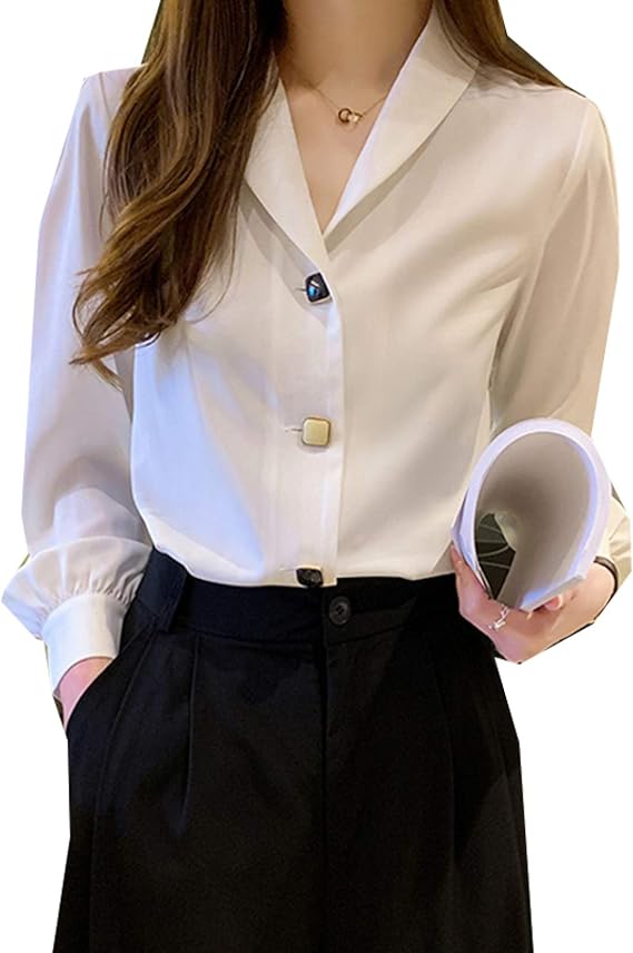 Amazon Vネック シフォン ブラウス オフィスカジュアル 長袖 トップス オフィス フォーマル カジュアル シンプル Vネックシャツ とろみシャツ レディース シフォン きれいめ 大きいサイズ パーティー 通勤 リクルート シャツ ブラウス 通販