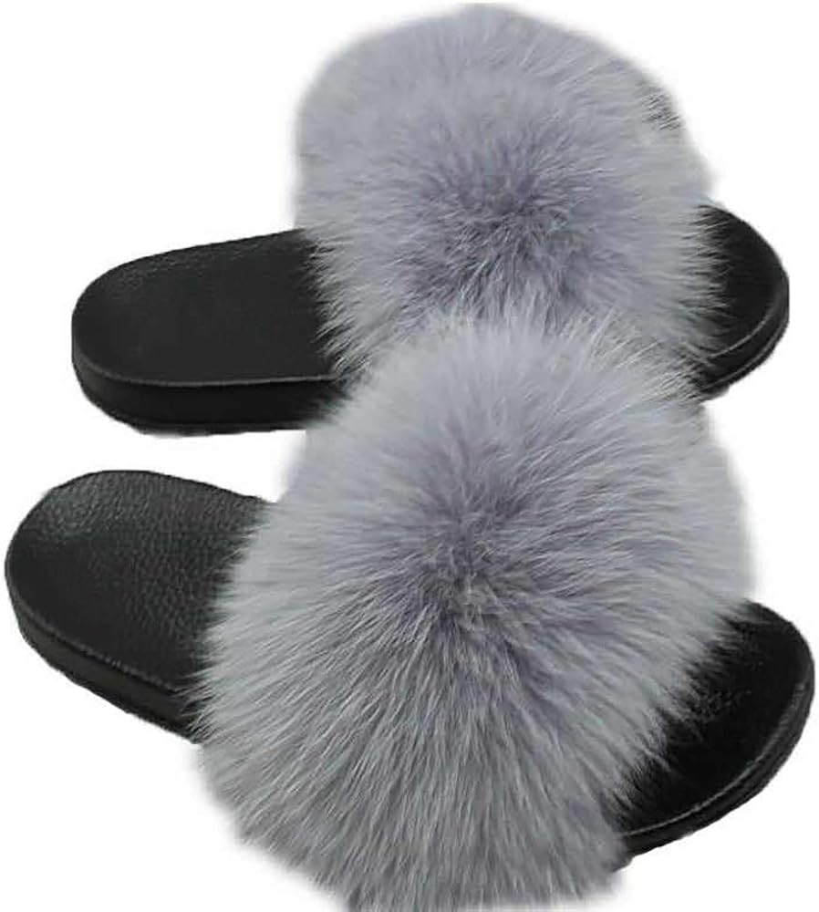 Women's Fluff Slide Slippers Faux Fur for Indoor Outdoor Open Toe Flat Sandals Shoes for Ladies