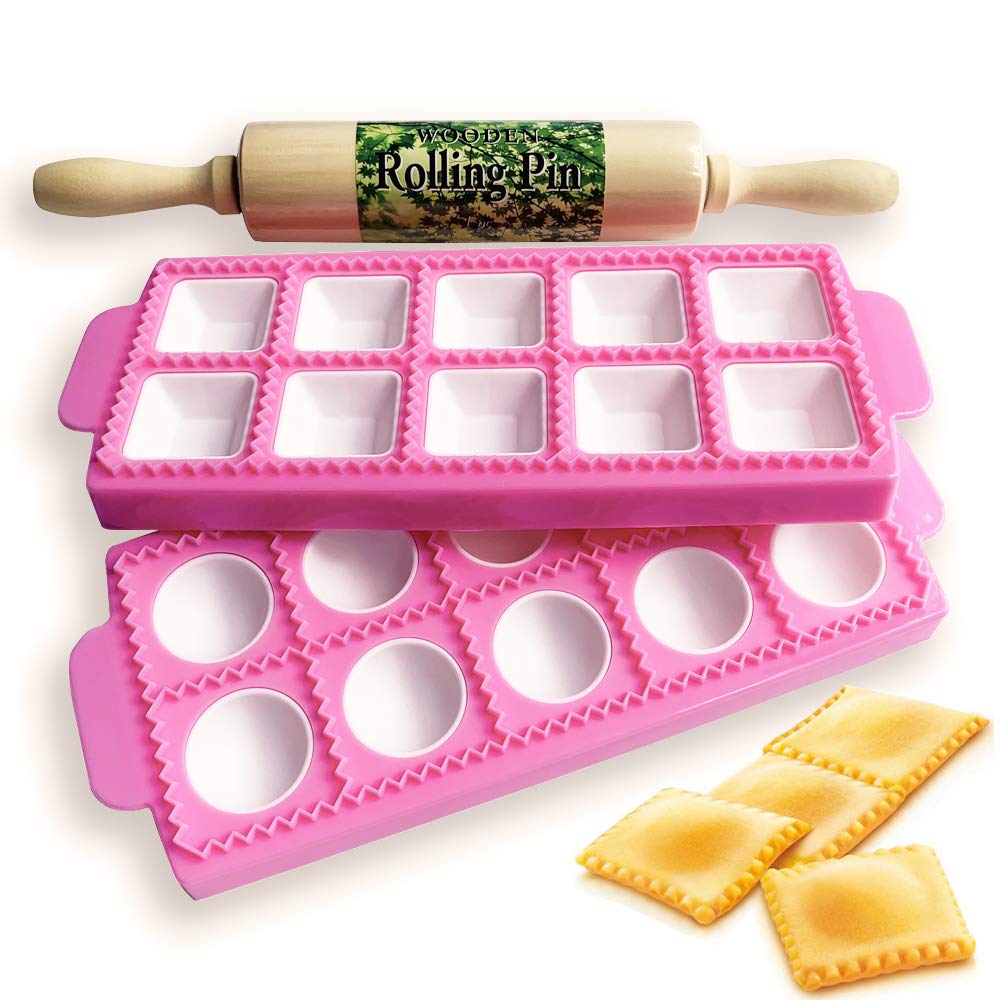 Gladworts Raviolamp Mould Dumpling Pastry Maker Mold for Large Round + Square Ravioli, Plastic, Wooden Rolling Pin