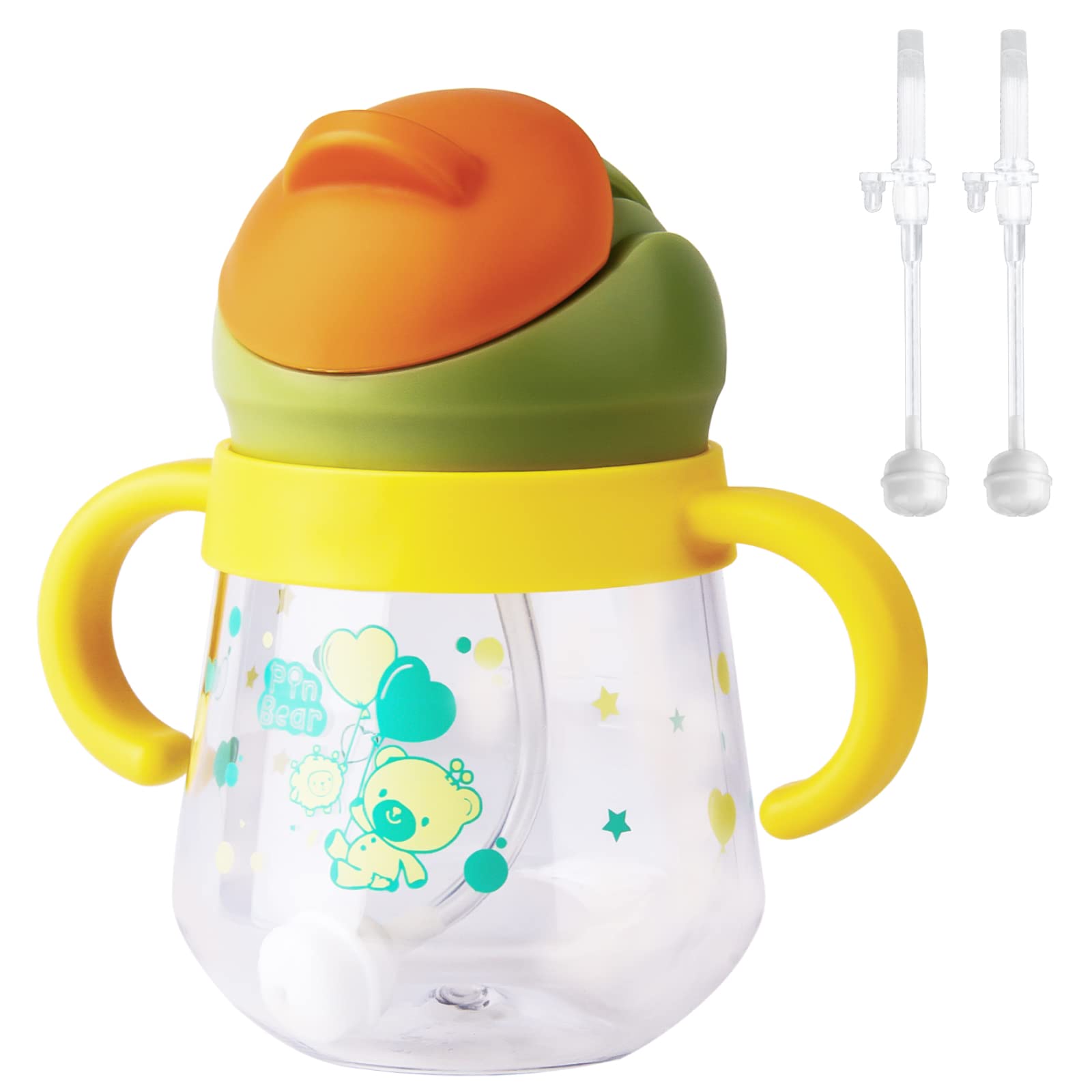 Sippy Cup for Baby 6+ Months, Weighted Straw Non-Spill Cup with Handles, Spill-Proof & Leak-Proof Soft Spout, 260ml, BPA Free (Yellow with 2 Straws)