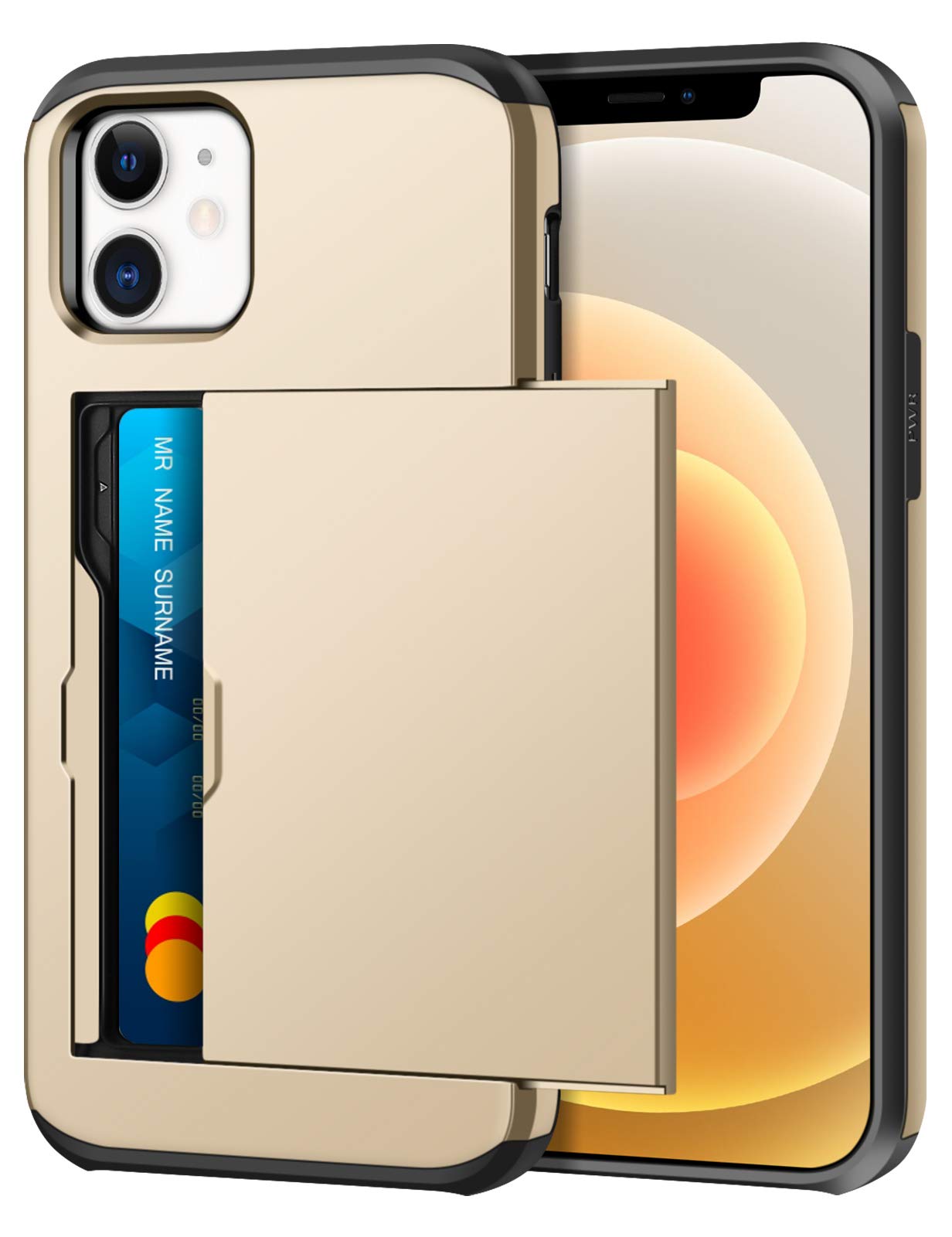 Coolden for iPhone 12 Case for iPhone 12 Pro Case with Card Holder Shockproof Wallet Protective Hard PC Rubber Bumper Phone Cases Card Holder Slot Wallet Cover (Gold)