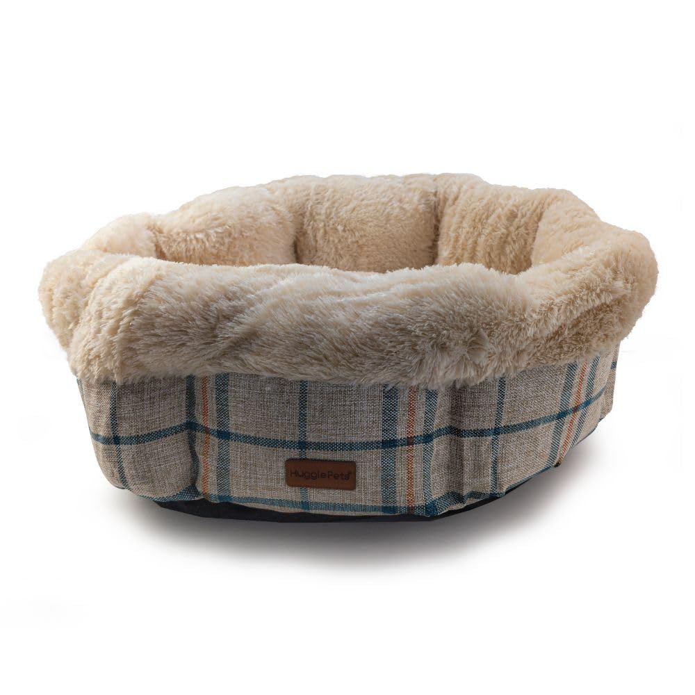 HugglePets Super Soft & Comfy Oval Donut Dog Bed - Chequered Stone - 50cm Machine Washable Recycled Plush Fibre Small Dog Bed with Woven Non-Slip Base.