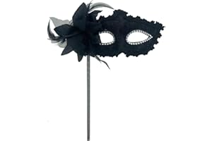 AZYOUNG Women's Masquerade Masks Side Feather Flower Petal Hand Held Lace Mask with Stick