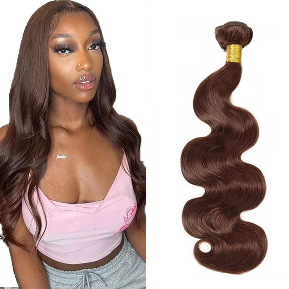 Photo 1 of #4 Brown Bundles Human Hair Body Wave Human Hair Bundles 18 Inch Chocolate Brazilian Hair 1 Bundle Unprocessed Virgin Remy Hair Extensions 50 Gram Per Bundle