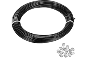PATIKIL 1/16" Wire Rope, 66 ft 304 Stainless Steel Wire Cable Black Vinyl Coated with 10pcs Crimping Sleeves for Hanging Ligh