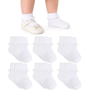 AHDSGJH 6 Pairs Baby Girl Ruffle Socks Cotton Turn Cuff Frilly Dress Socks | Newborn infant toddler ankle crew socks, stays u