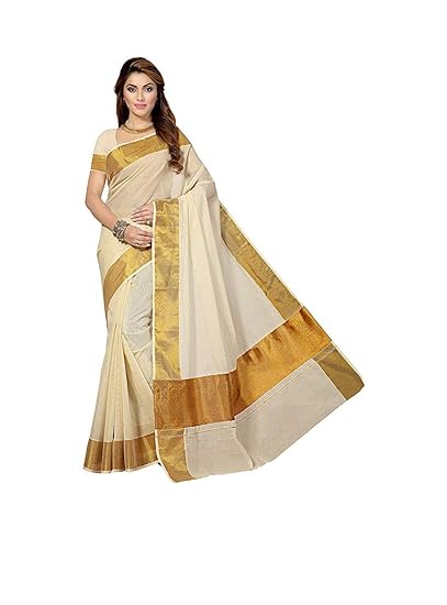 Women's Kasavu Cotton Saree With Running Blouse Piece (KSV1003_Off-White)