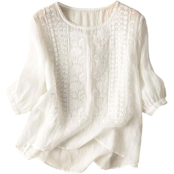 Blusas De Encaje Bohemio De Verano Para Mujer, Estilo Bohemio, Retro, Floral, Bordada, Túnica India Con Volantes Para Mujeres Mayores, Casual, De Algodón, Cuello Redondo, Ajuste Holgado, Lino, Estilo
