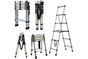VANDISE Telescoping Ladder 6FT + 7FT Heavy Duty Aluminum Telescoping Extension Ladder Portable Multi-Purpose A-Frame Folding Ladder with Buttons, EN131 Certificated, Wide Pro Step, Silver