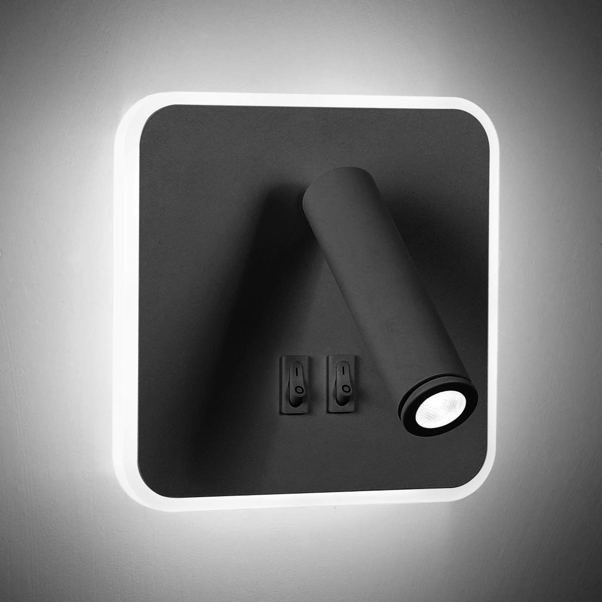 KAWELL 8W Modern Wall Light LED Reading Spotlight with Switch 350° Swivel 2 in 1 3W Wall Spotlight LED Wall Lamp for Living Room Bedroom Bedside Study Room, Black 6000K