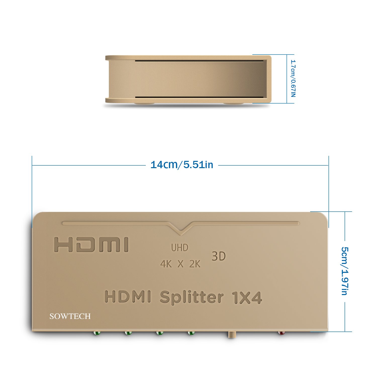 HDMI Splitter SOWTECH 1X4 Ports Powered V1.4b Video Converter with Full Ultra HD 1080P 4K/2K and 3D Resolutions (1 Input to 4 Outputs) - Gold