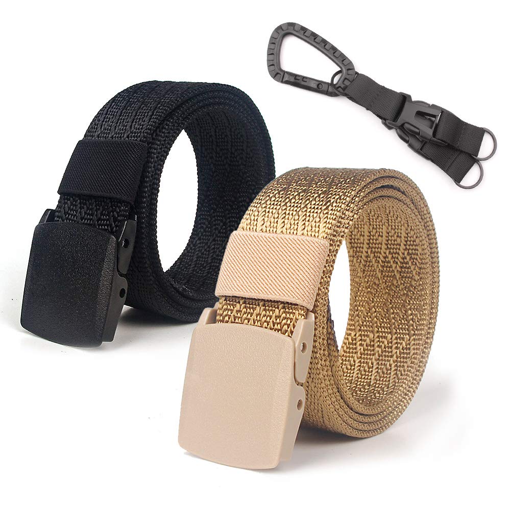 Lalacolorful 2 Pack Nylon Belt Men's Tactical Webbing Belt Breathable Military Web Belt Outdoor Waist Belt with No Metal Buckle (Black + Tan)