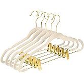 MIZGI Premium Velvet Pants Hangers with Adjustable Clips (Pack of 20) - Slim Skirt Hangers - Non Slip Felt - Ivory/Gold