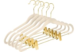 MIZGI Premium Velvet Pants Hangers with Adjustable Clips (Pack of 20) - Slim Skirt Hangers - Non Slip Felt - Ivory/Gold