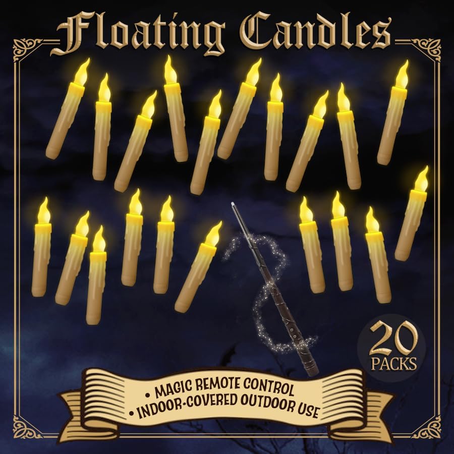 Lighting - 20 pcs Halloween Flameless LED Floating Candles with Magic Wand Remote - Floating Hanging Home Decorations for a Spooky Atmosphere-Perfect for Festive Home Display