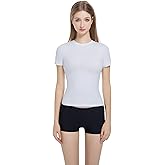 Gemonklee Women’s Fitted Crew Neck T-Shirt Stretchy Cotton Y2K Short Sleeve Tees for Workout Basic Tees Going Out Tops White