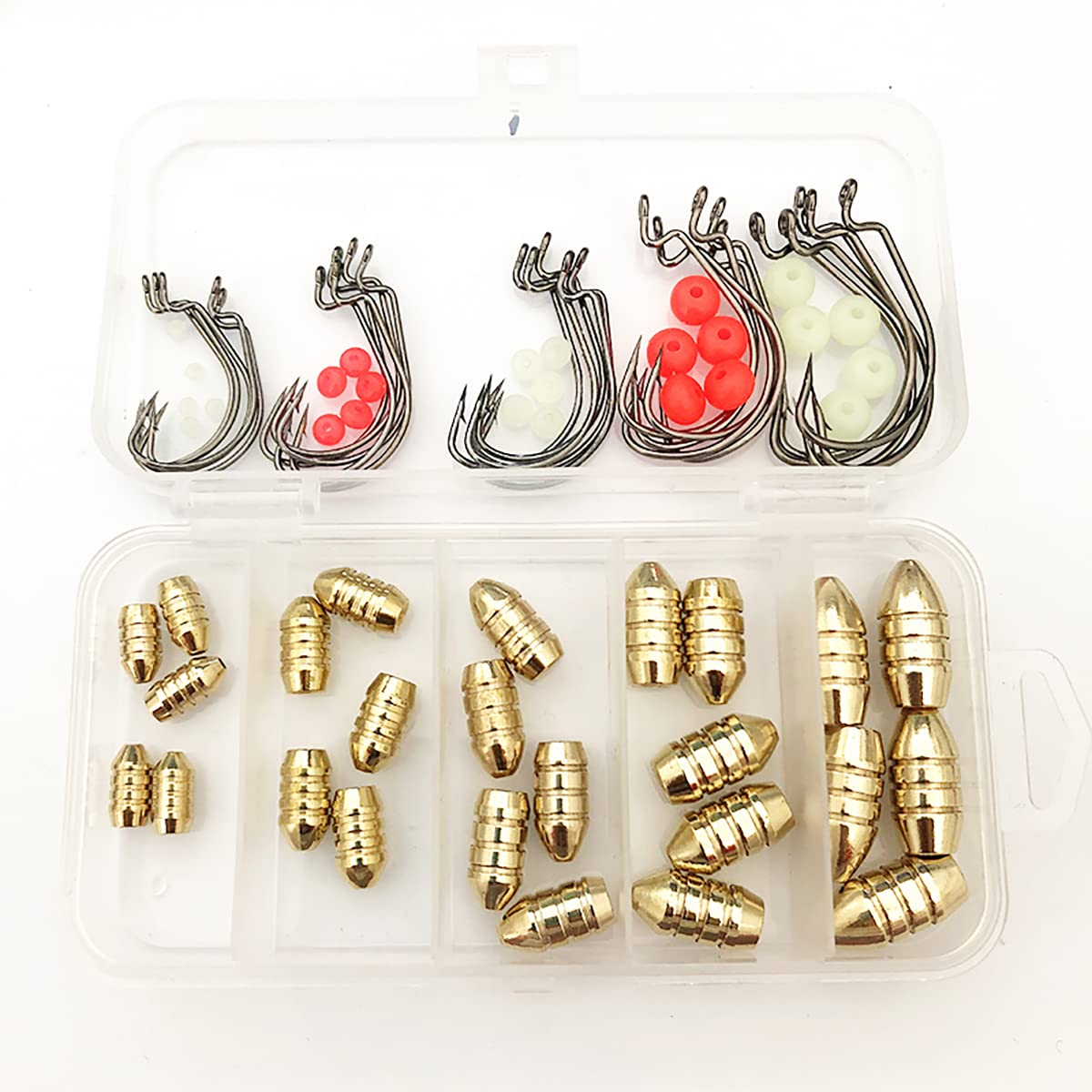 Fishing Brass Hollow Sinkers, Brass Sinker Weights Jig Hooks, Fishing Sinkers Set, Brass Fishing Weights Kit With Box For Freshwater Saltwater Fishing (25Pcs Weights+Hooks+Beads)