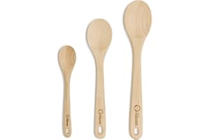Chef Pomodoro Wooden Spoons for Cooking 3-Piece Set, Solid Beechwood Cooking Utensils | 12-Inch, 10.5-Inch, 8-Inch Wooden Ute