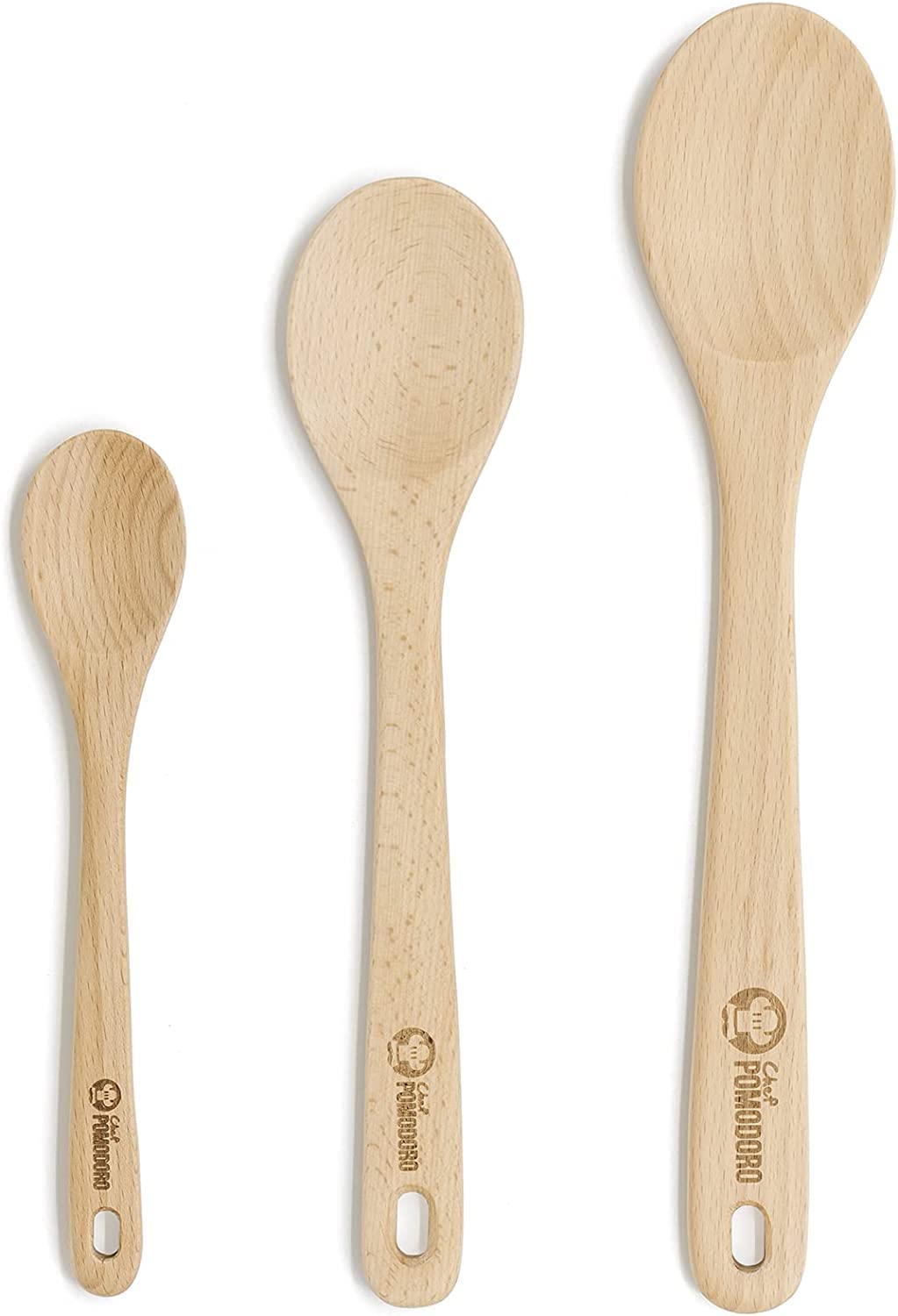 Chef Pomodoro Wooden Spoons for Cooking, Solid Beechwood Wooden Spoons Cooking Utensils, Scratch-Resistant Wooden Kitchen Spoons (12", 10.5", 8"/ 30 cm, 27 cm, x 20 cm) 3-Piece Wooden Spoon Set