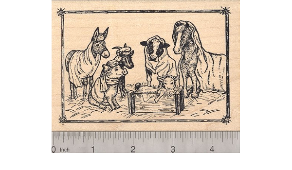 barn christmas nativity scene rubber stamp with donkey horse cow pig goat and lamb
