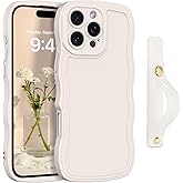 GUAGUA for iPhone 16 Pro Case with Wrist Strap, iPhone 16 Pro Wavy Phone Case, Cute Curly Wave Shape with Adjustable Wristband Kickstand Anti Slip iPhone Case for 16 Pro 6.3'', Antique White
